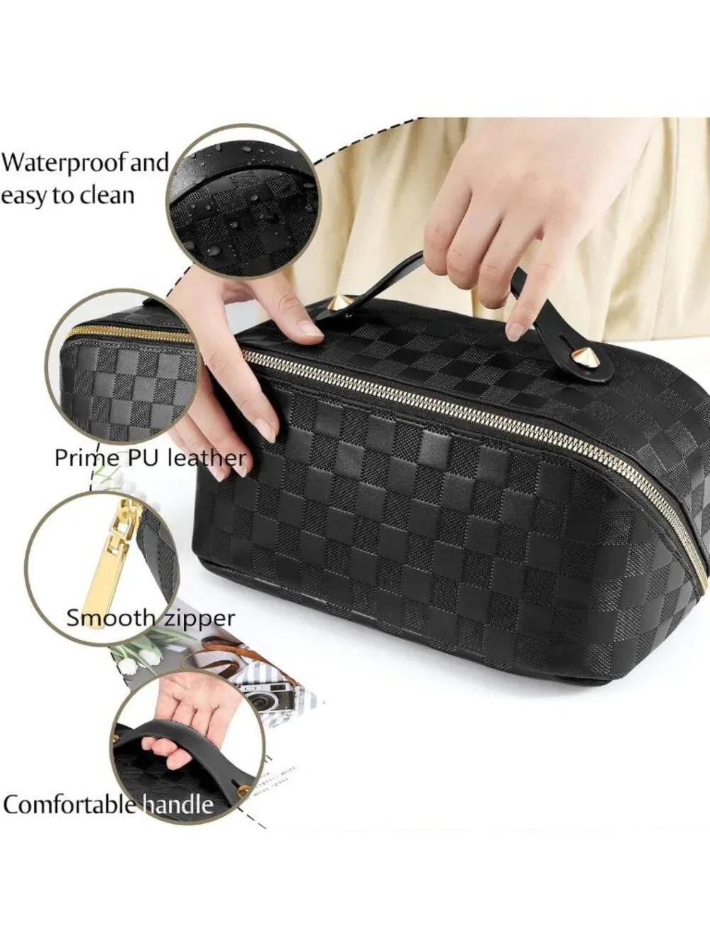 Large Capacity Checkered Makeup Bags Set - Waterproof Cosmetic Organizer Pouch